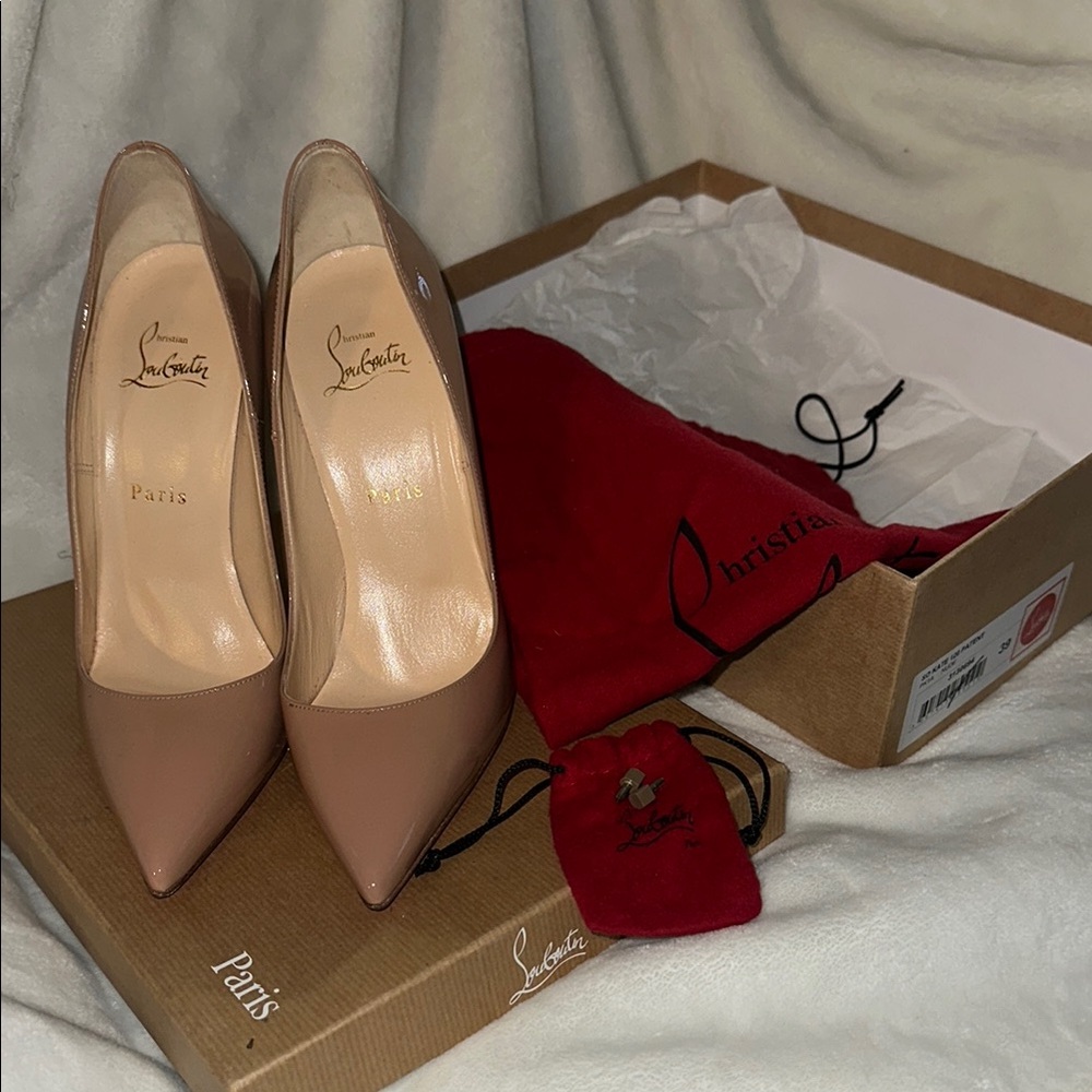 Christian Louboutin So Kate 120 Tan High Heeled Patent Pumps